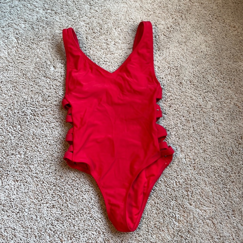red cutout bathing suit